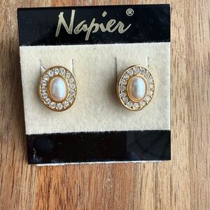 Vintage Napier Pearl cabochon with glass halo Oval Earrings